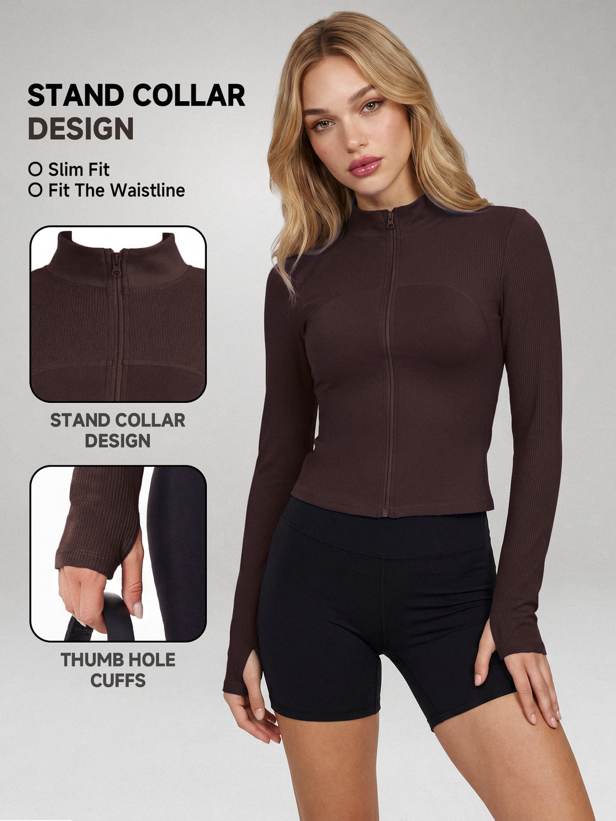 Thumbhole Cuff Zip Jacket - Coffee