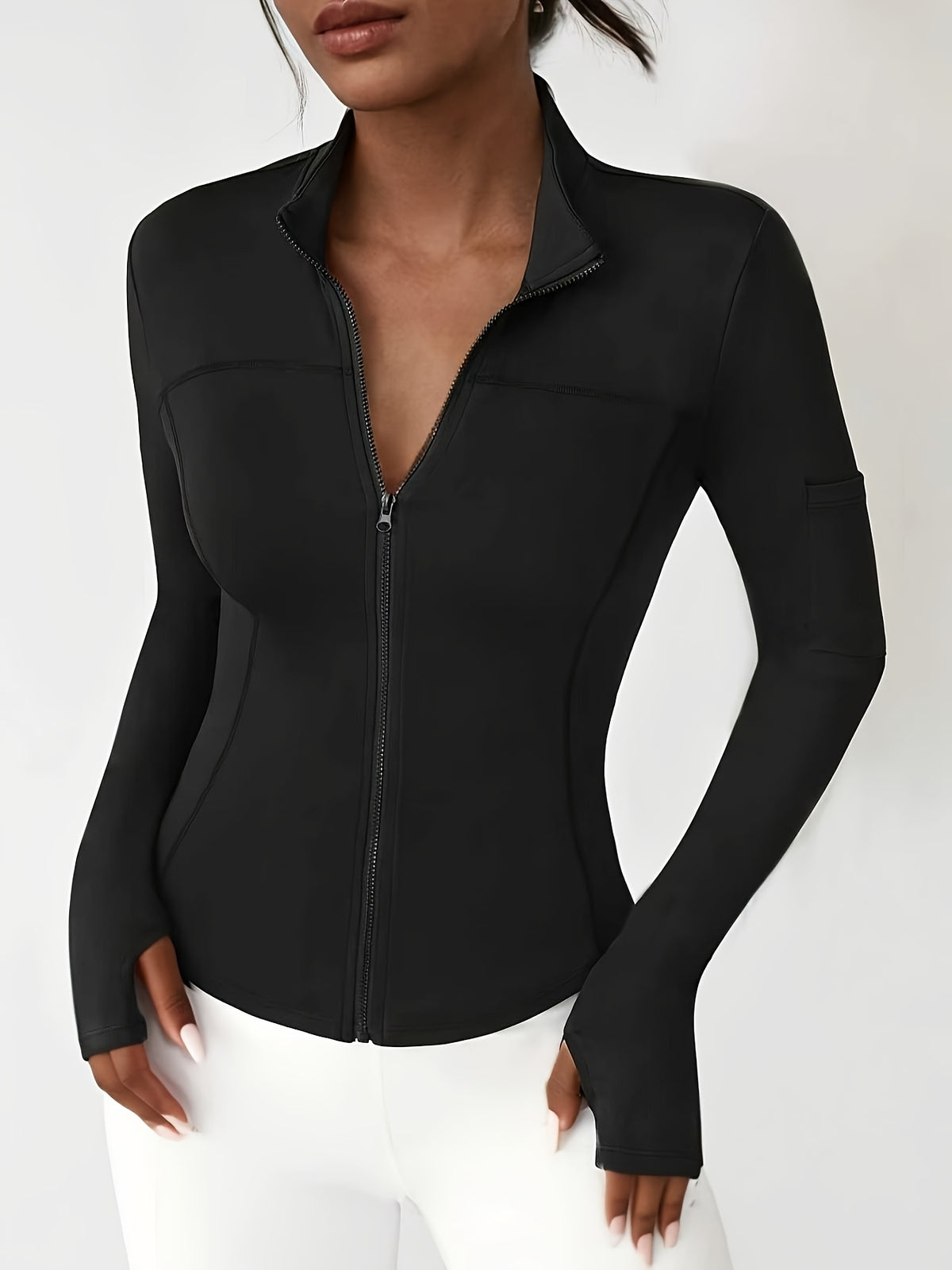 Stand Collar Curved Hem Zip Jacket - Black