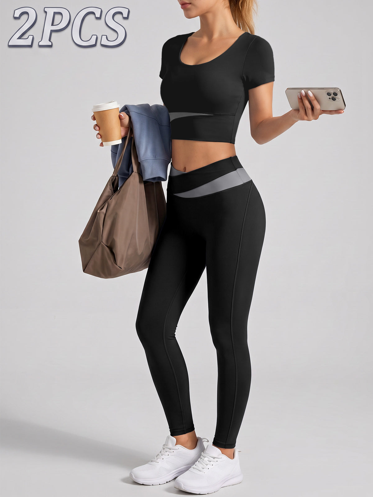 Contrast Tee & High Waist Leggings Set - Black