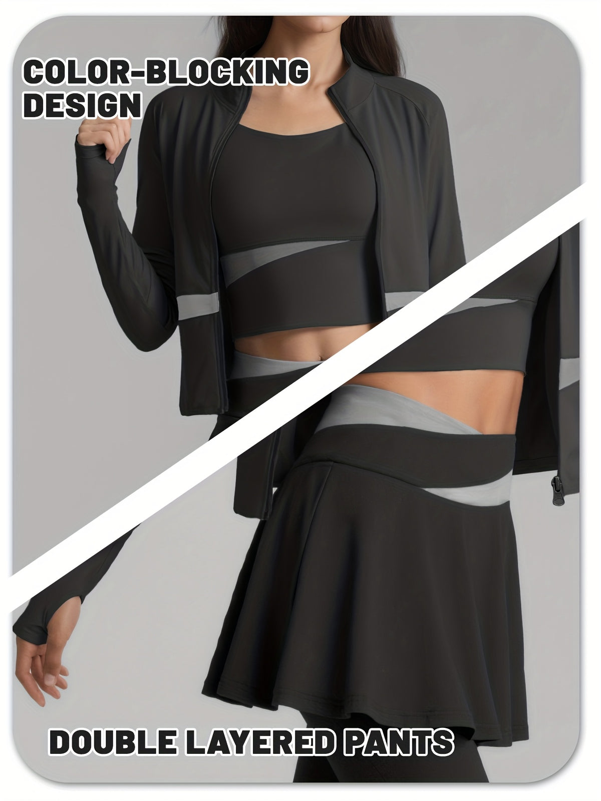 Colour Block Jacket & Skort 3 Piece Set - Black