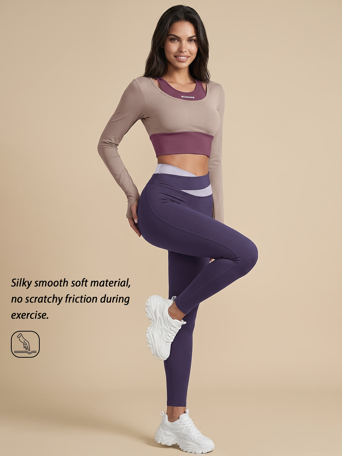 Faux Two-Piece Contrast Top & Leggings Set - Light Purple & Dark Purple