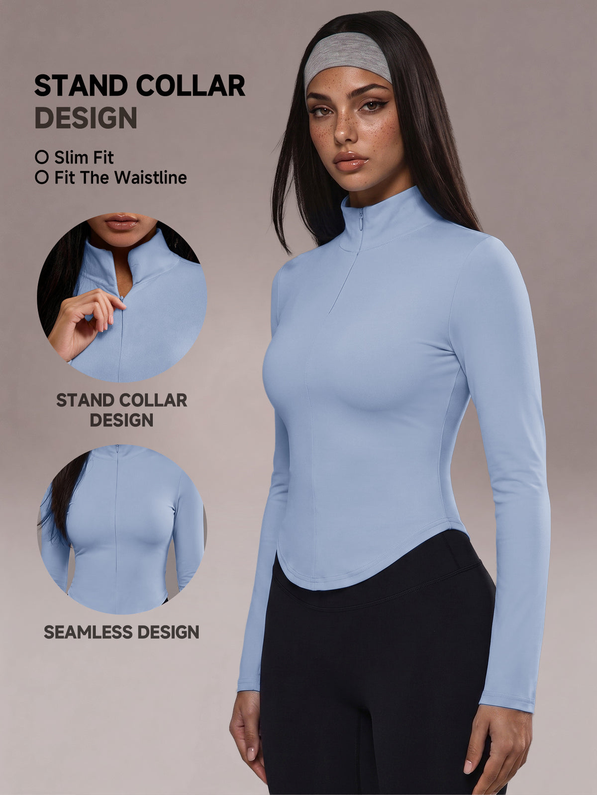 Half Zip Curved Hem Top - Light Blue