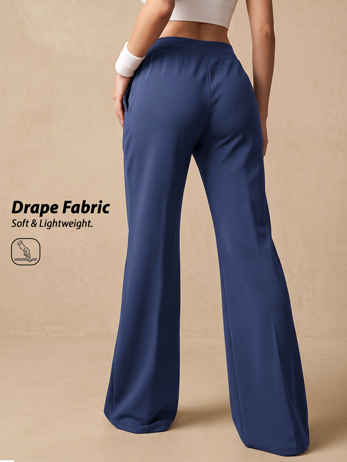 Drawstring Wide Leg Pocket Yoga Pants - Navy
