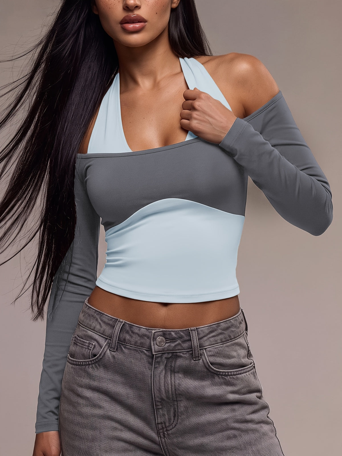 Off Shoulder Layered Crop Top - Grey