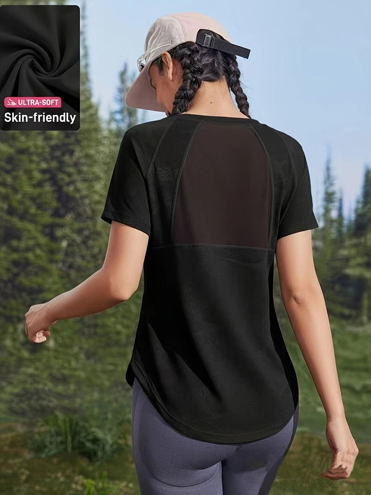 Mesh Back Curved Hem Sport Tee - Black
