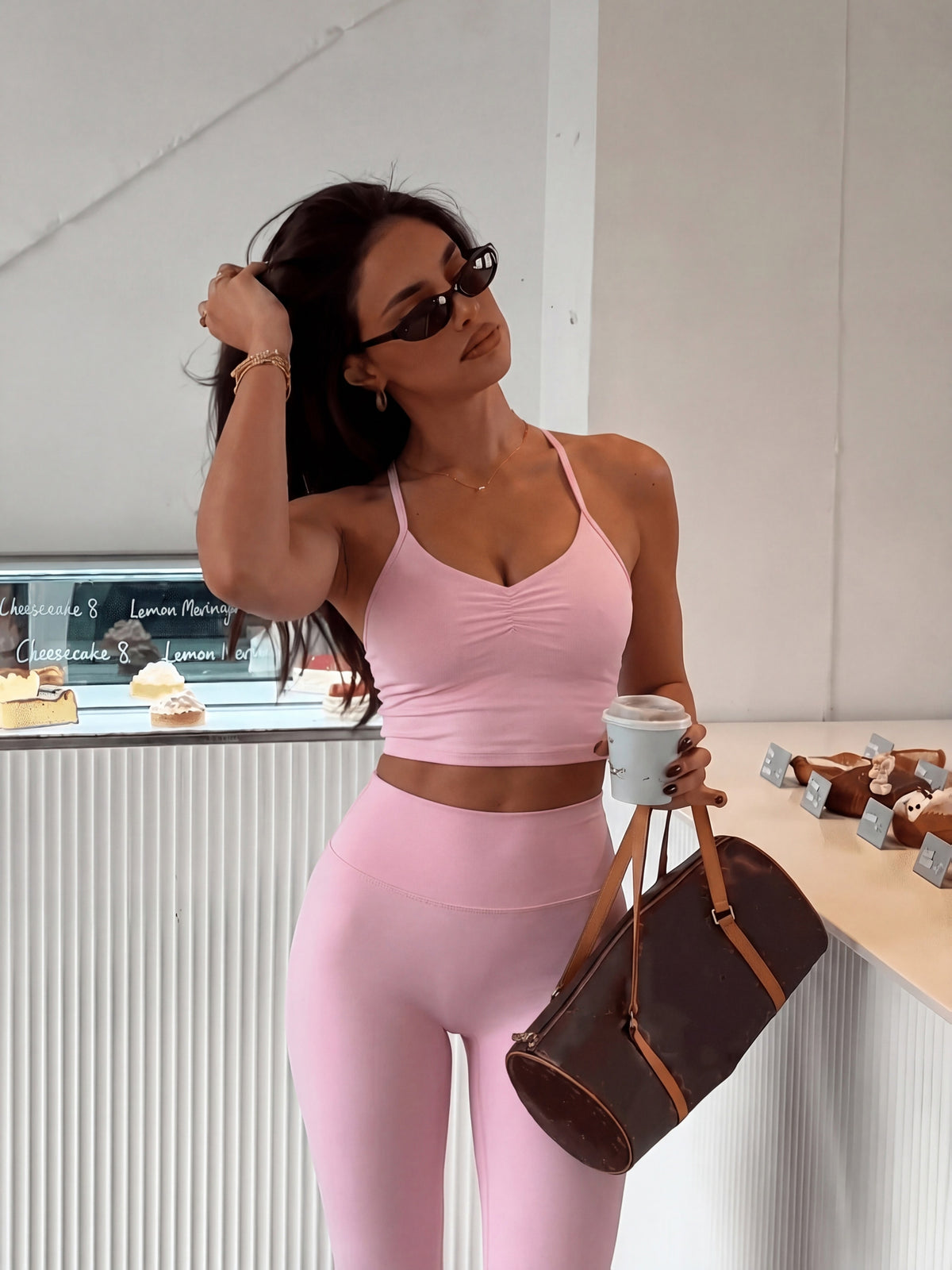 Ruched Halter Bra & Leggings Set - Pink