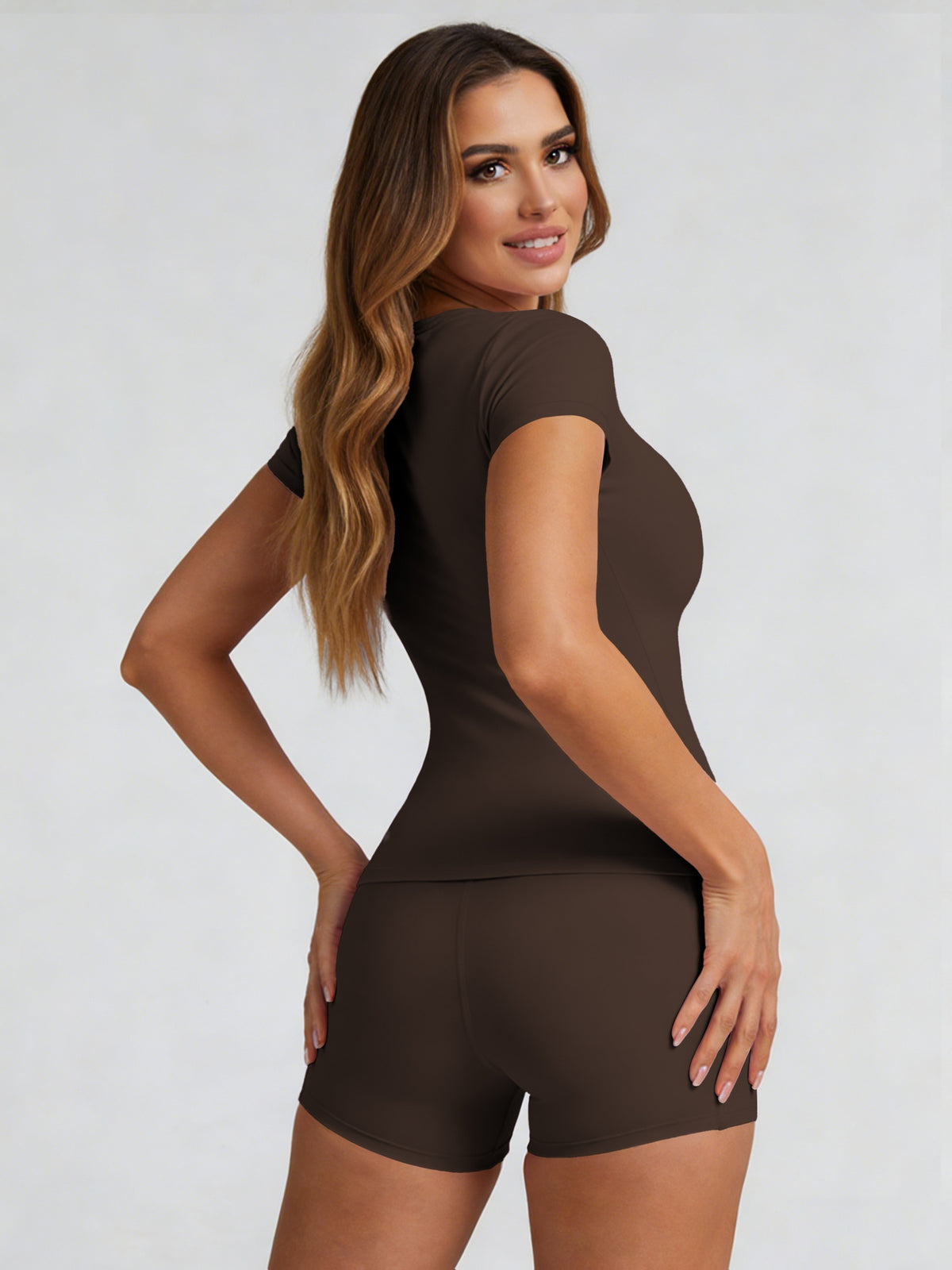 Tummy Control Top & Pocket Shorts Set - Brown