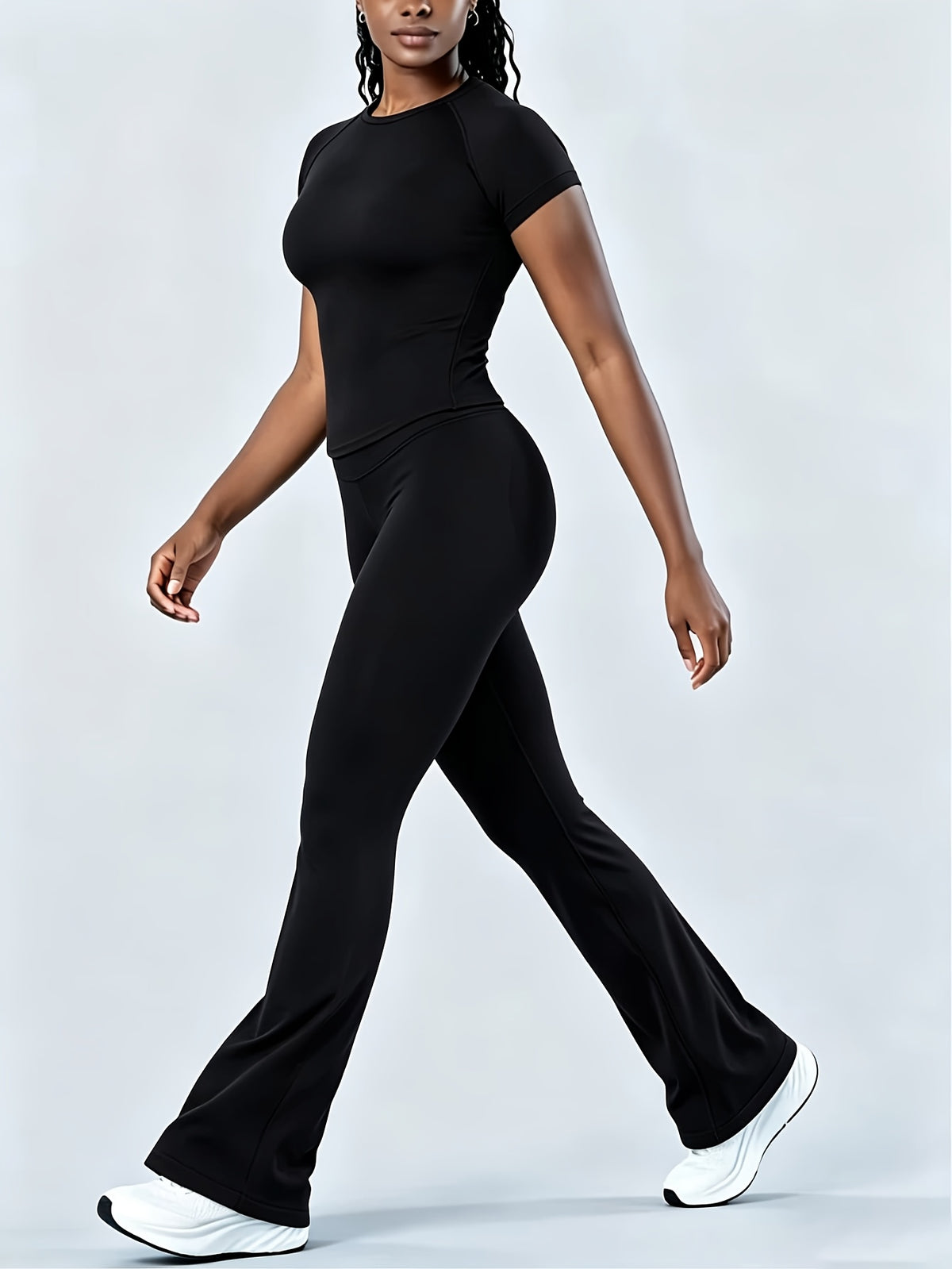 Short Sleeve Tee & Bell Bottom Pants Set - Black