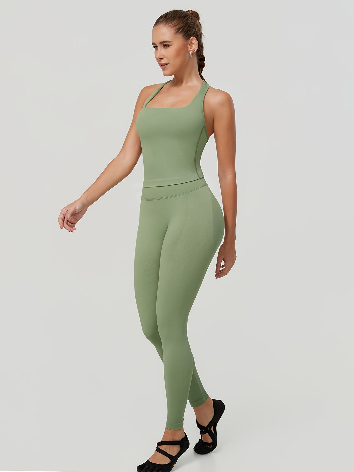 Square Neck Halter Tank & Leggings Set - Moss Green