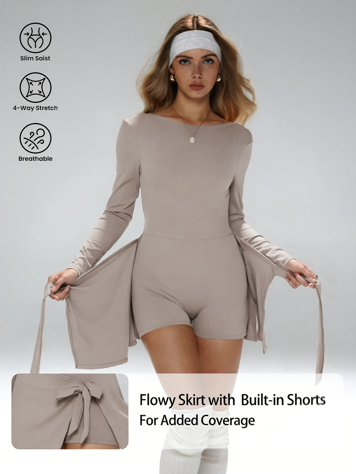 Tie-Front Asymmetric Hem Long Sleeve Dress - Dark Brown