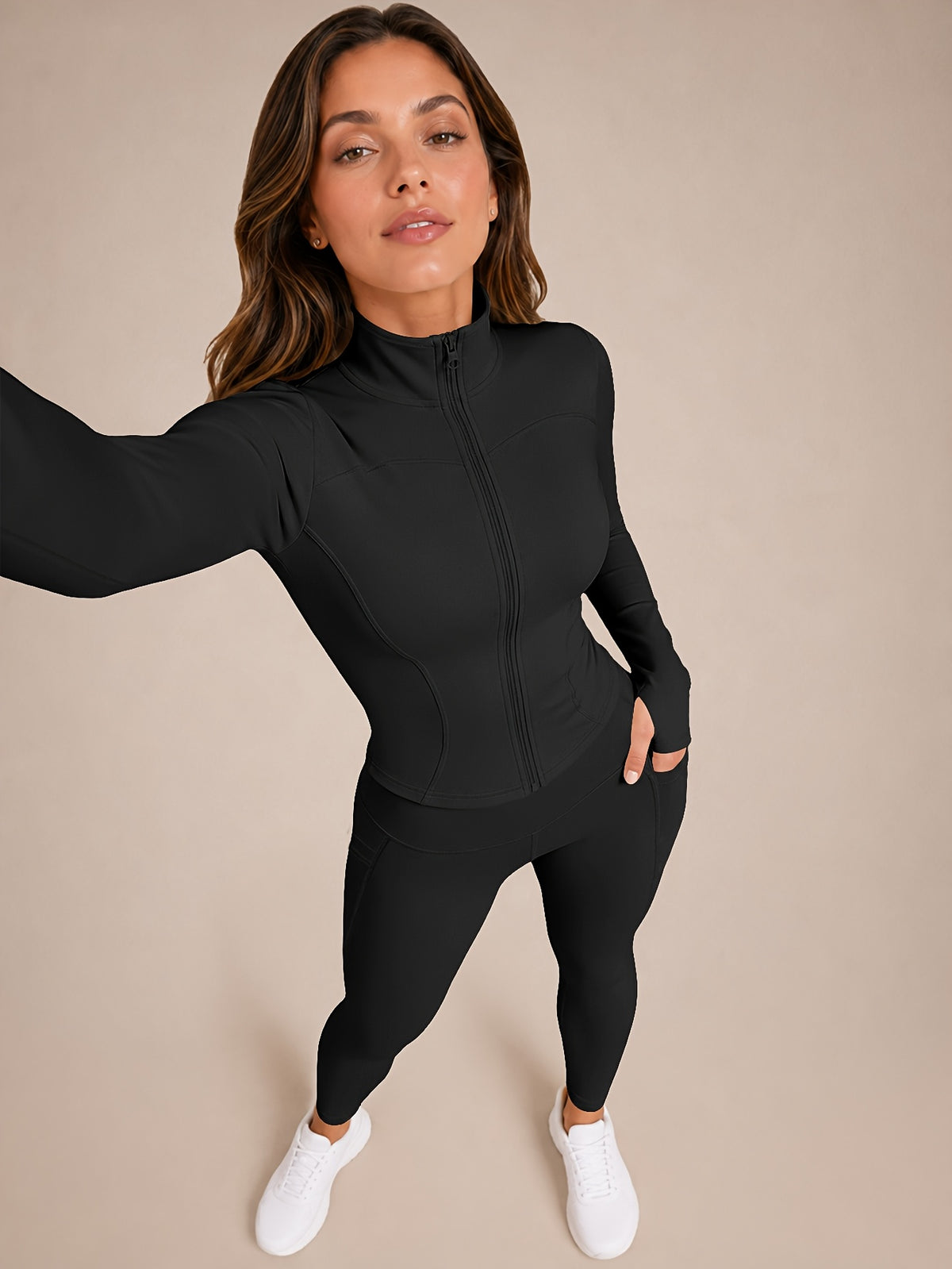 Stand Collar Jacket & Leggings Set - Black