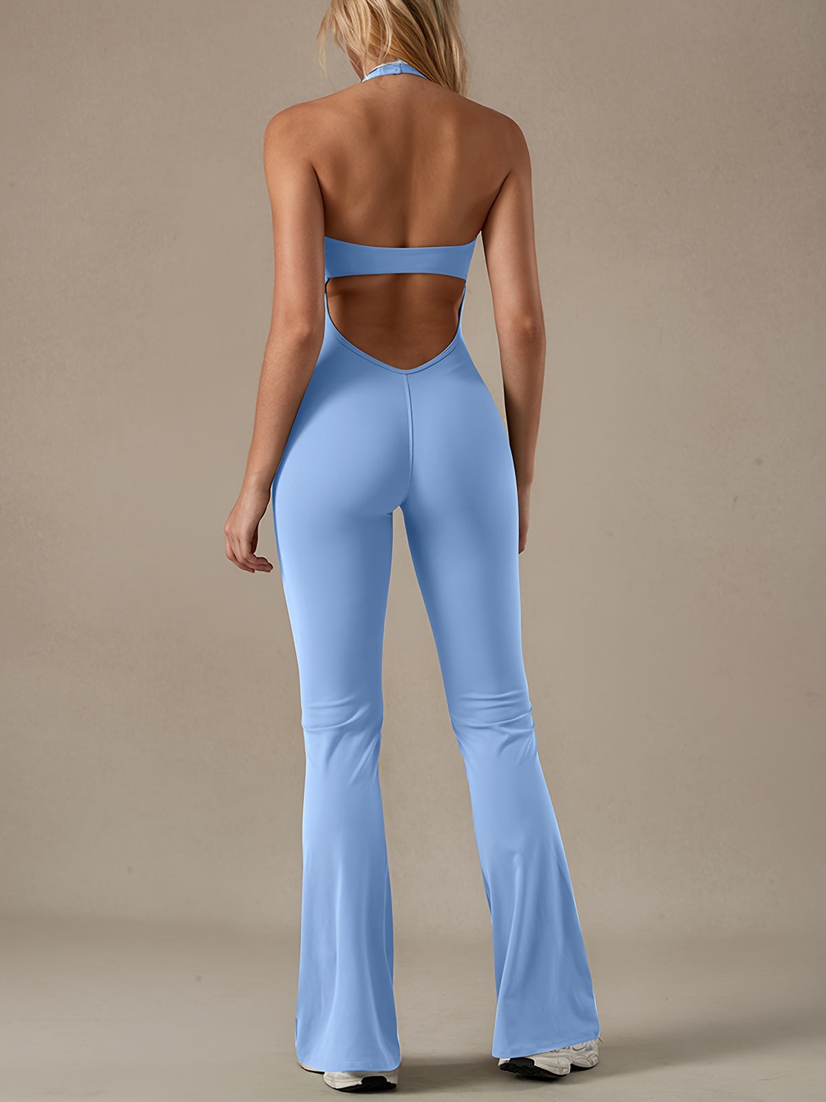 Halter Deep V Backless Flare Jumpsuit - Light Blue