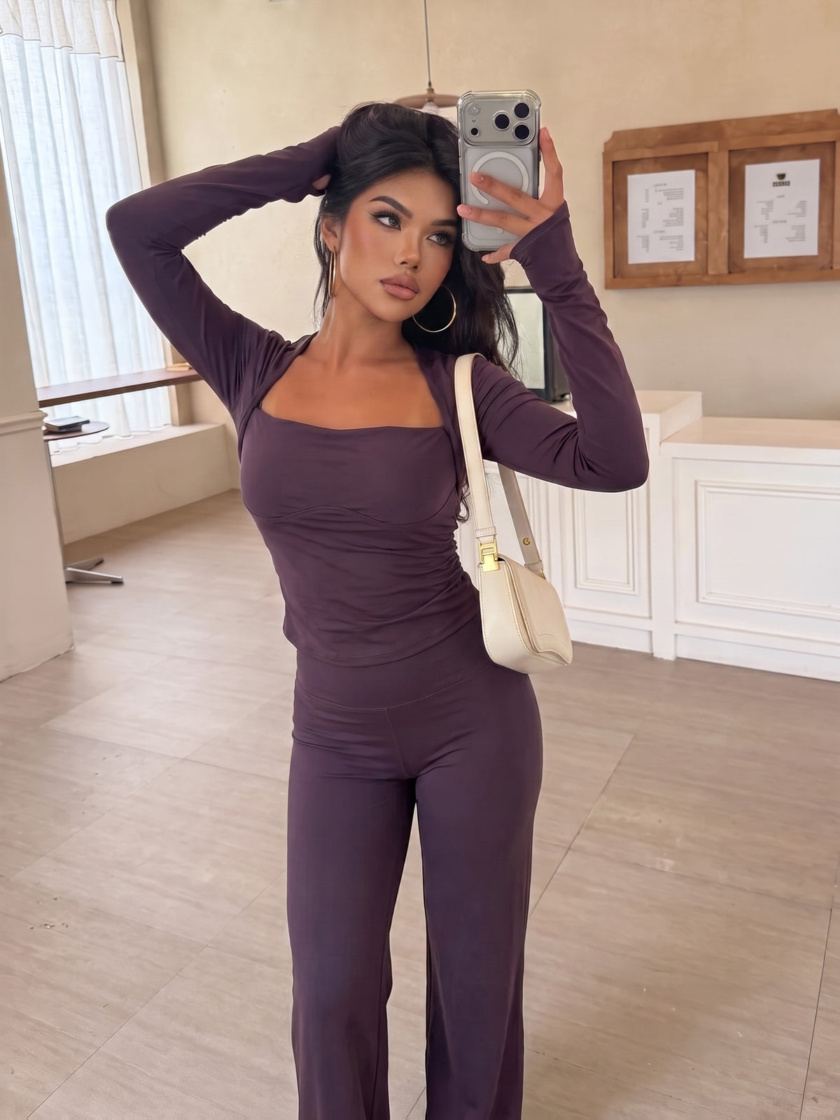 Square Neck Top & Flare Pants Set - Deep Purple