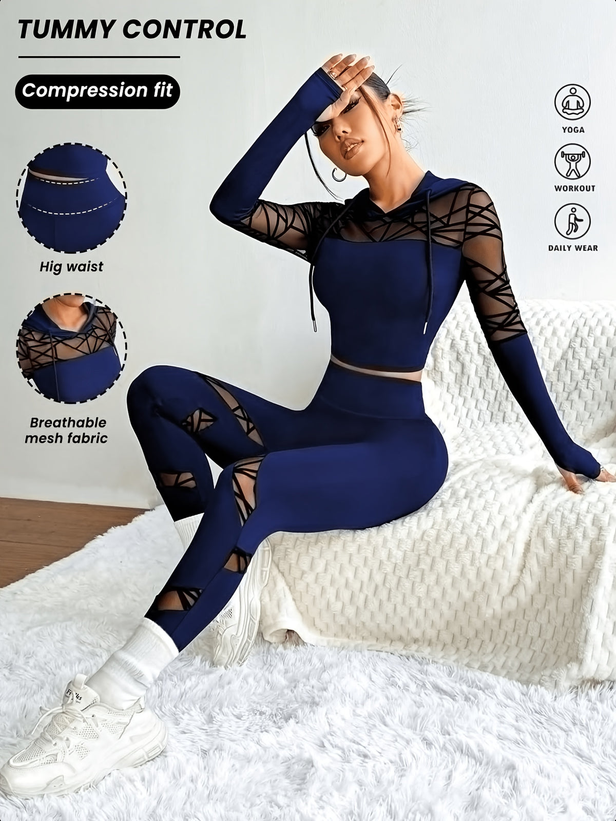 Mesh Panel Thumbhole Hoodie & Leggings Set - Navy Blue
