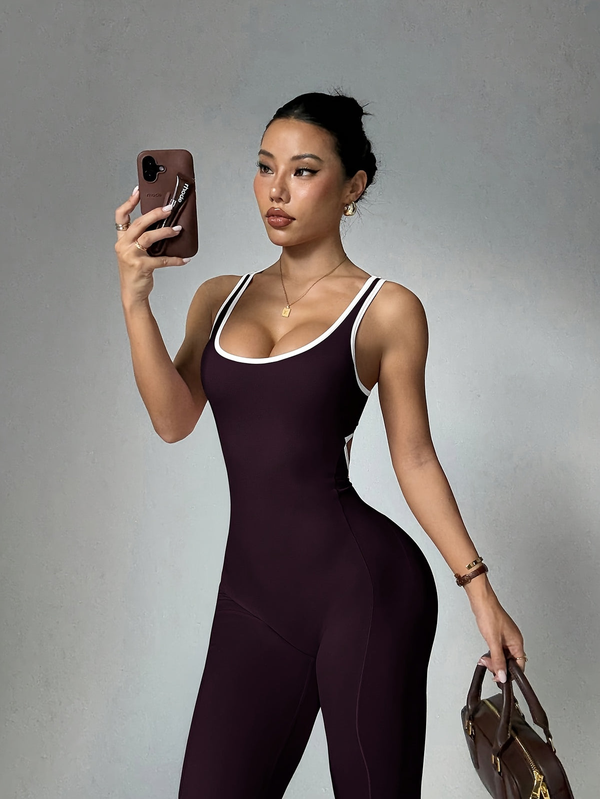 Cut Out Waist Flare Jumpsuit - Deep Purple