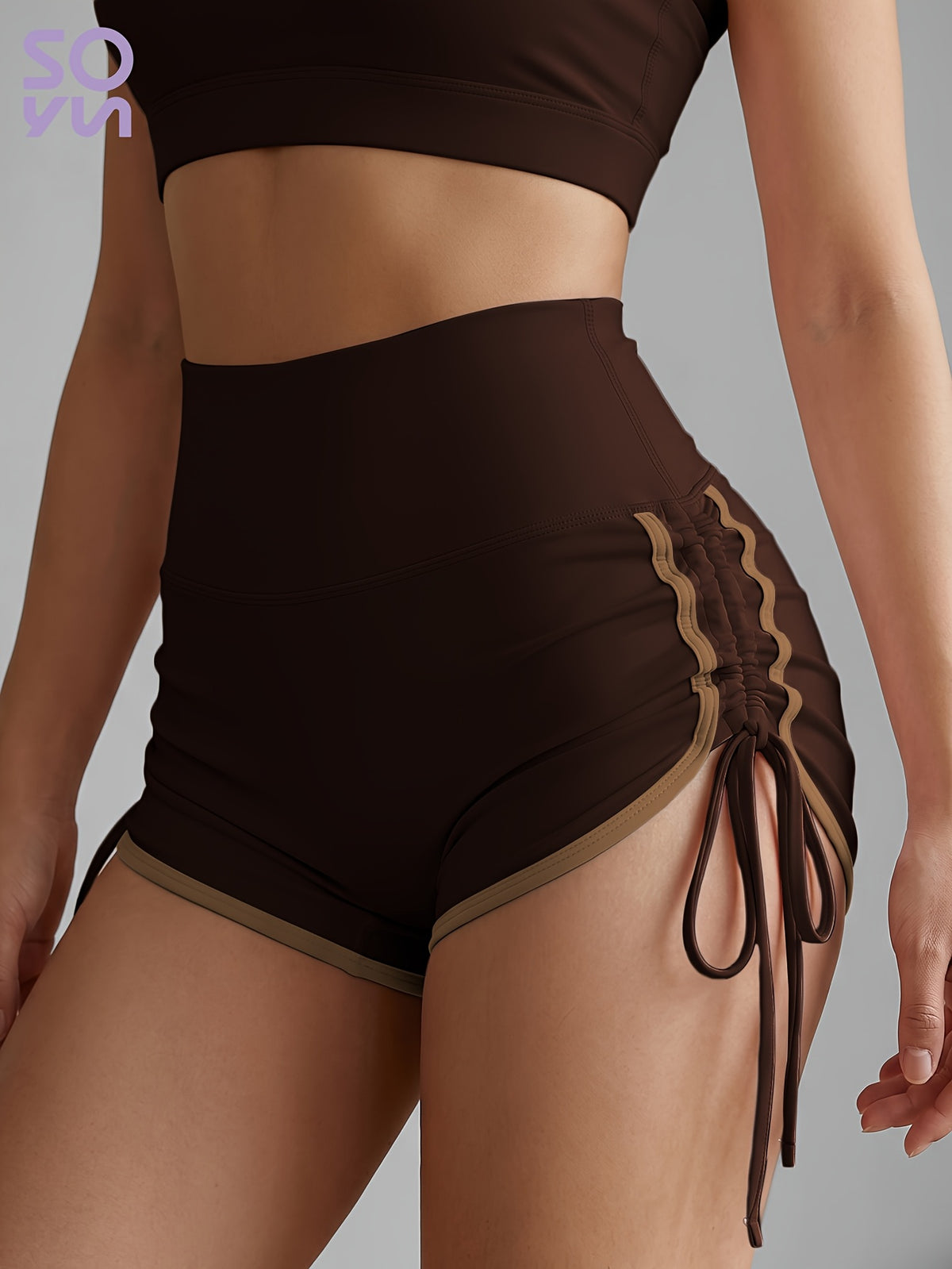 Contrast Tie Side High Waist Shorts - Coffee