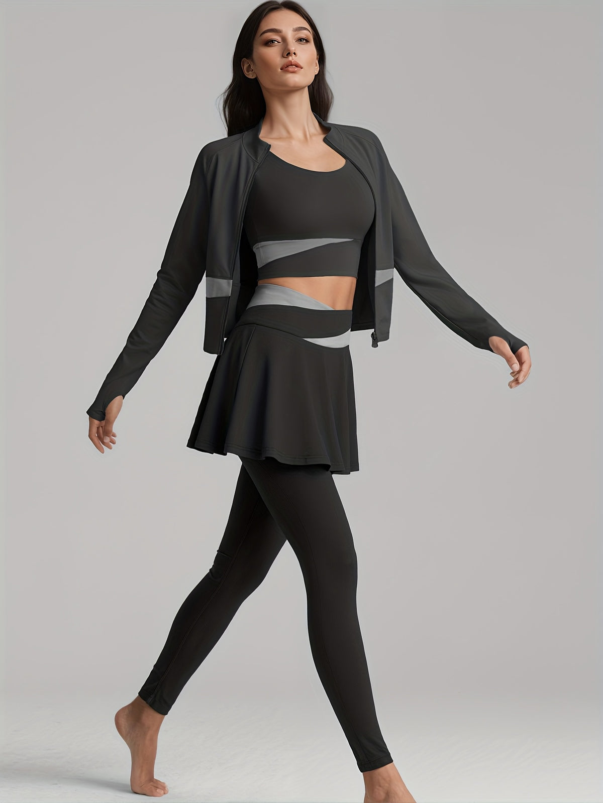 Colour Block Jacket & Skort 3 Piece Set - Black