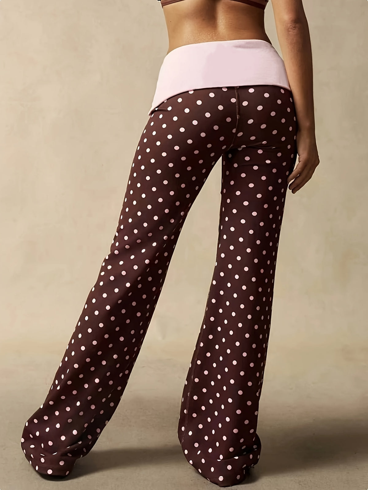 Polka Dot Fold Waist Flare Pants - Brown Base With Pink Dots
