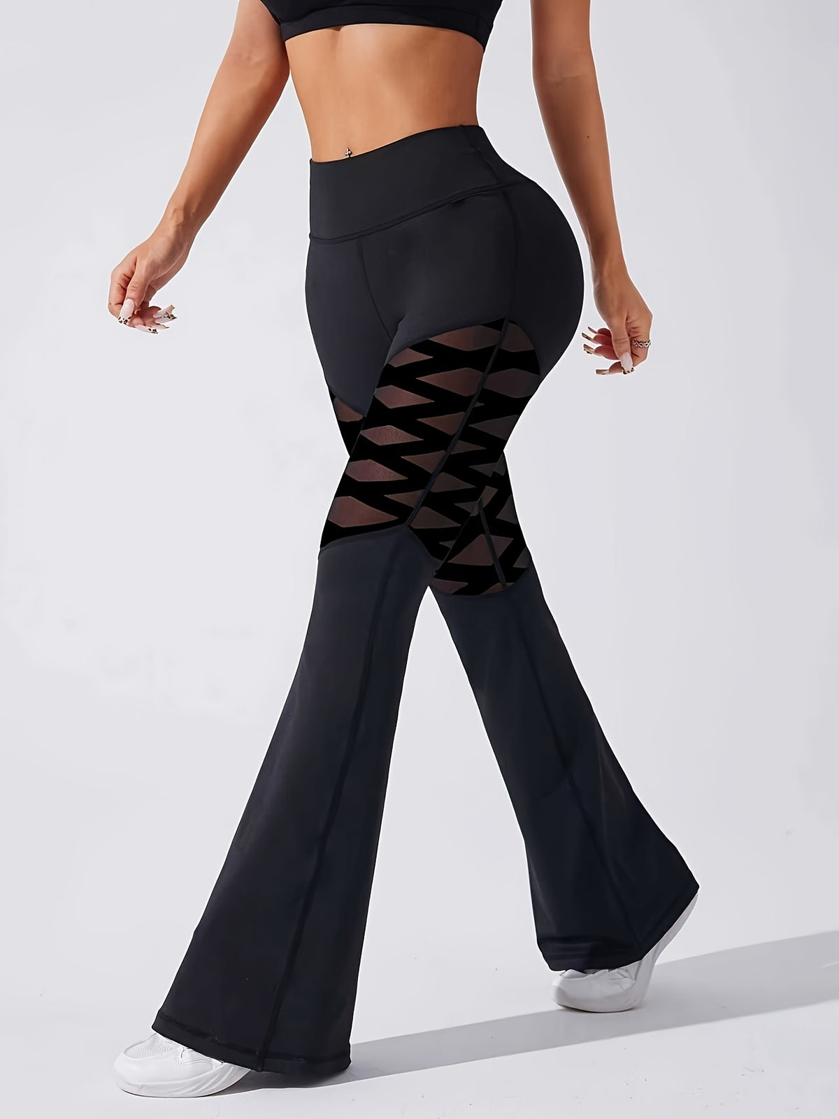 Flocked Mesh Panel Flare Leggings - Black