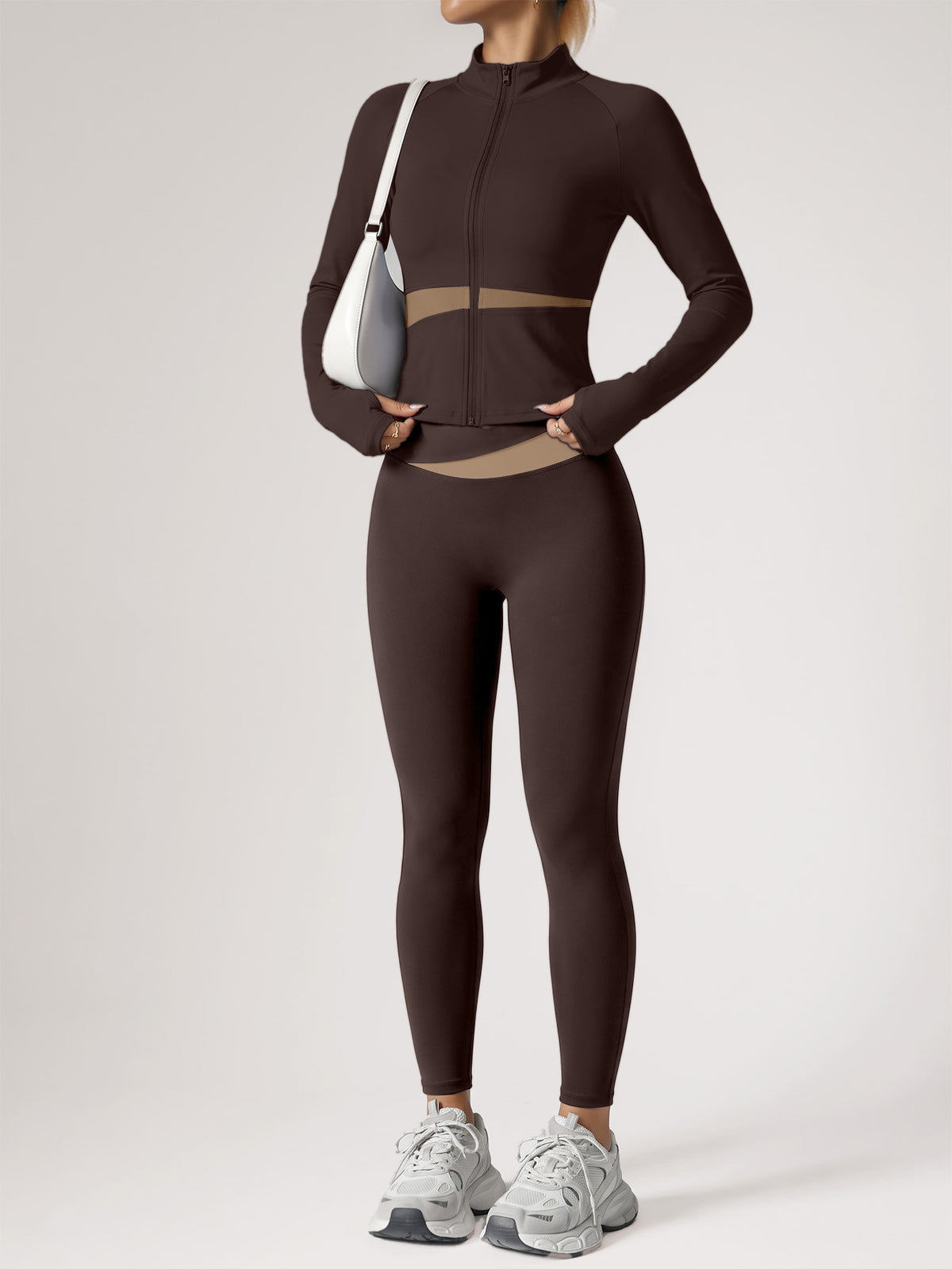 Contrast Zip Jacket & Lifting Leggings Set - Brown