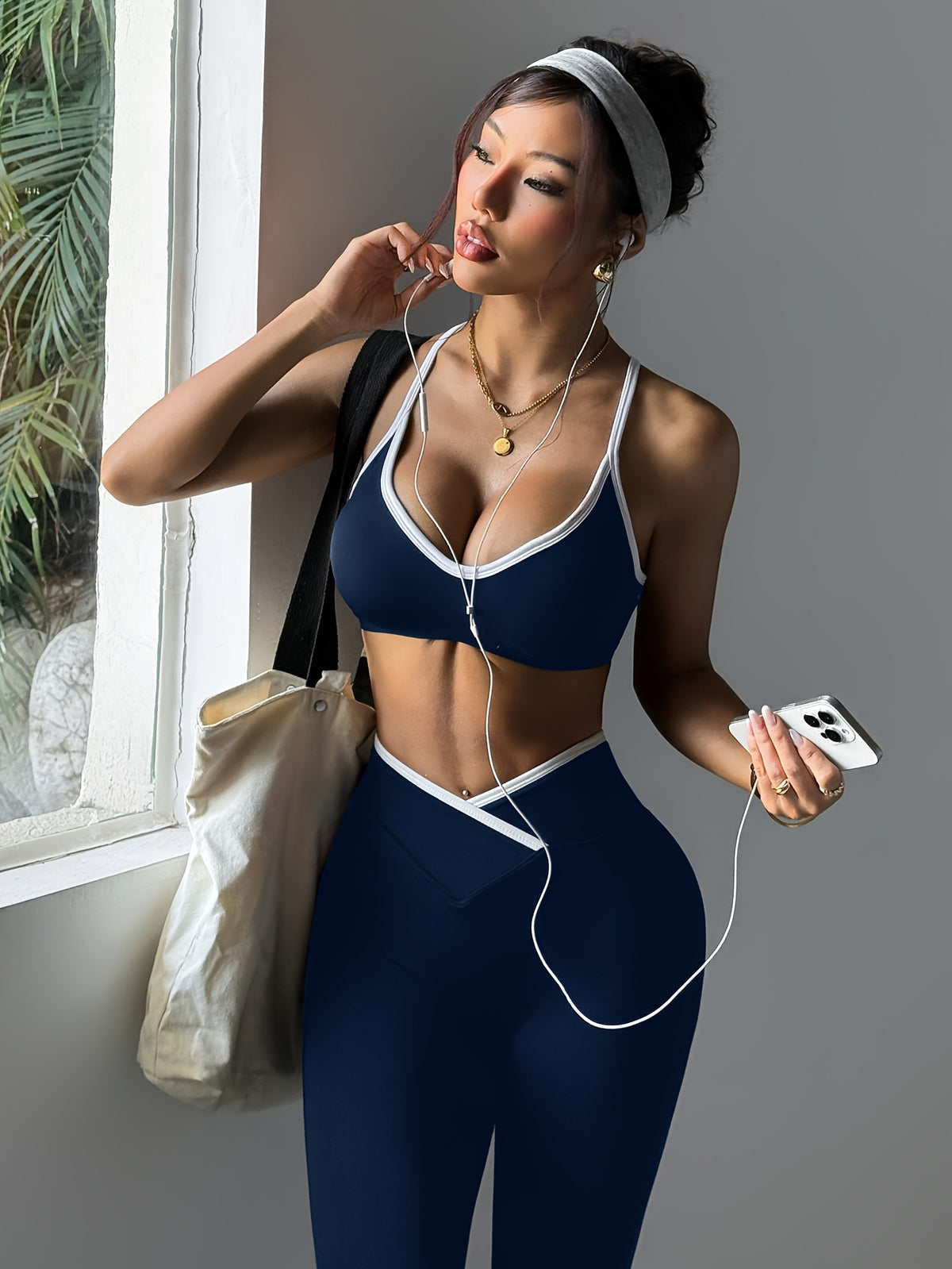 Cross Back Bra & Leggings Set - Purplish Blue