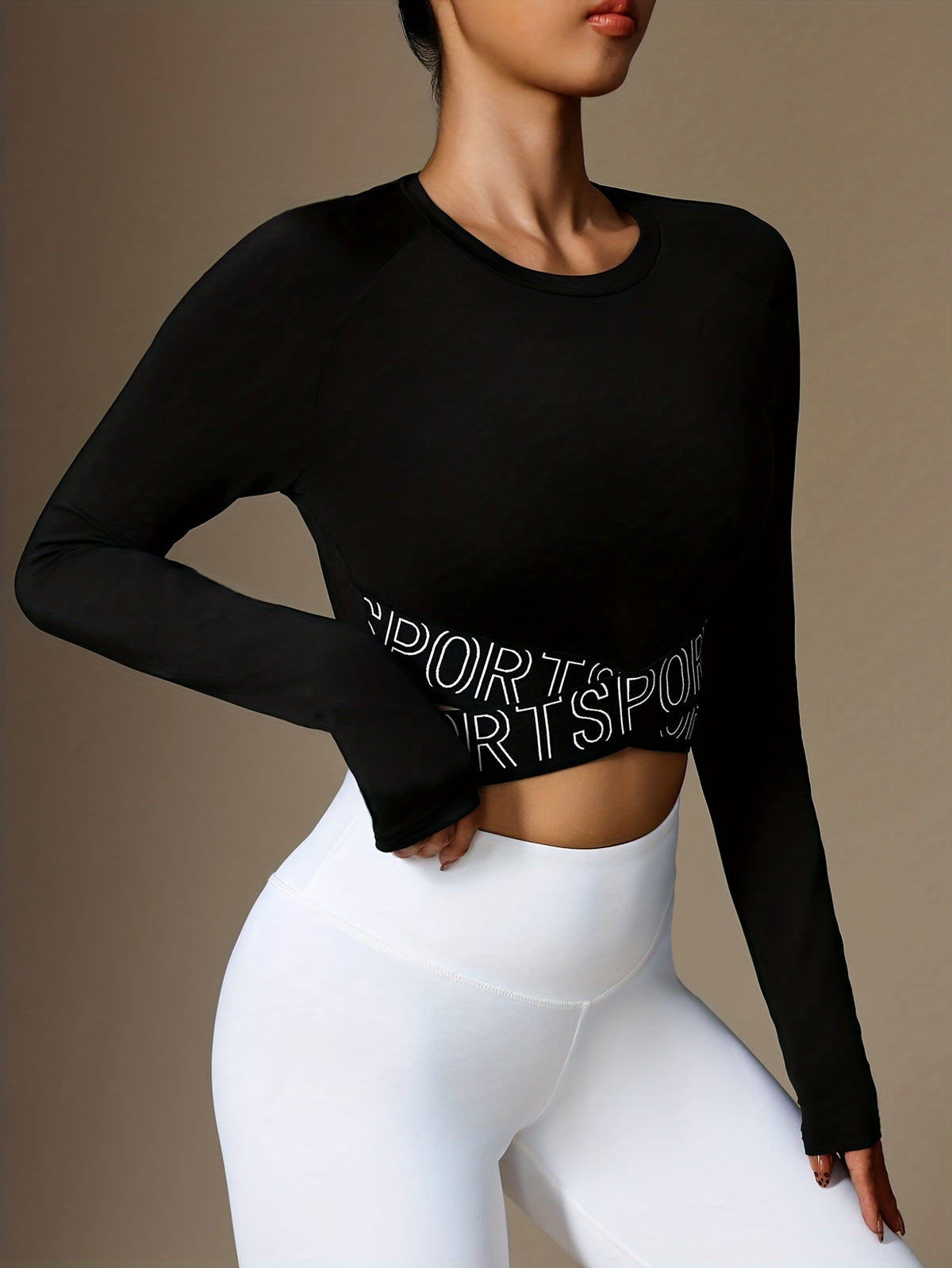 Criss-Cross Letter Strap Long Sleeve Top - Black