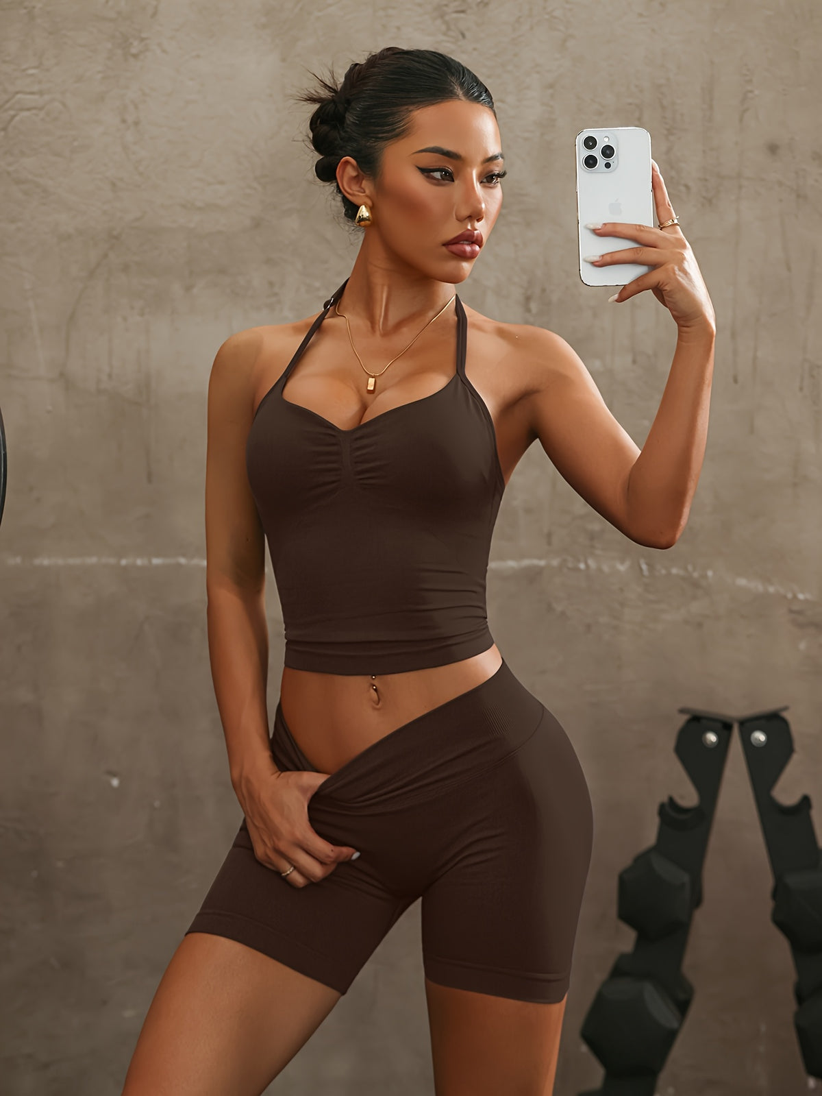 Halter Open Back Vest & Shorts Set - Mocha Brown