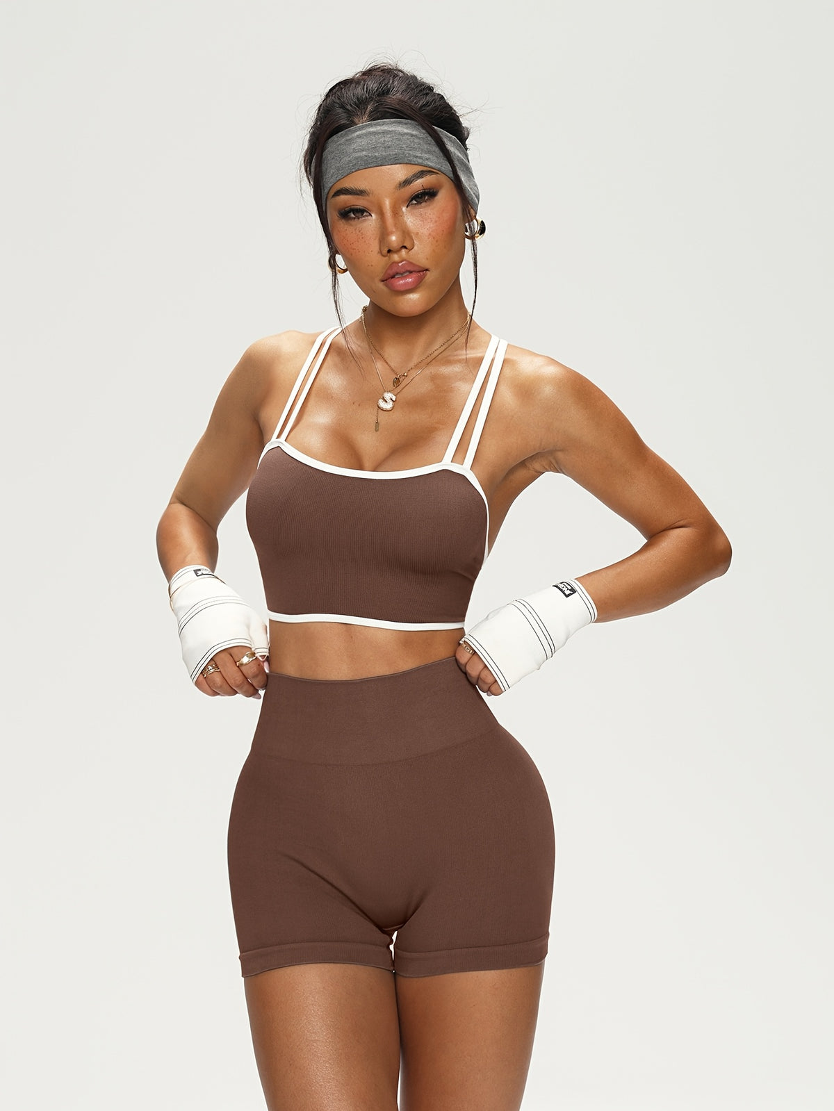 Seamless Stretch Sports Bra & Shorts Set - Coffee