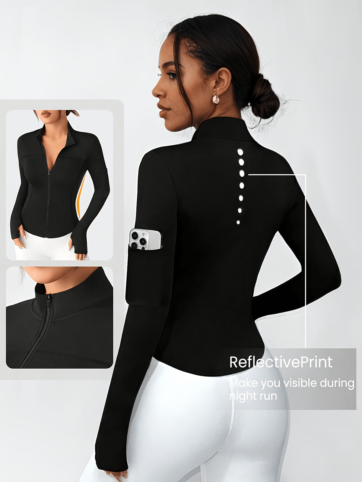Stand Collar Curved Hem Zip Jacket - Black