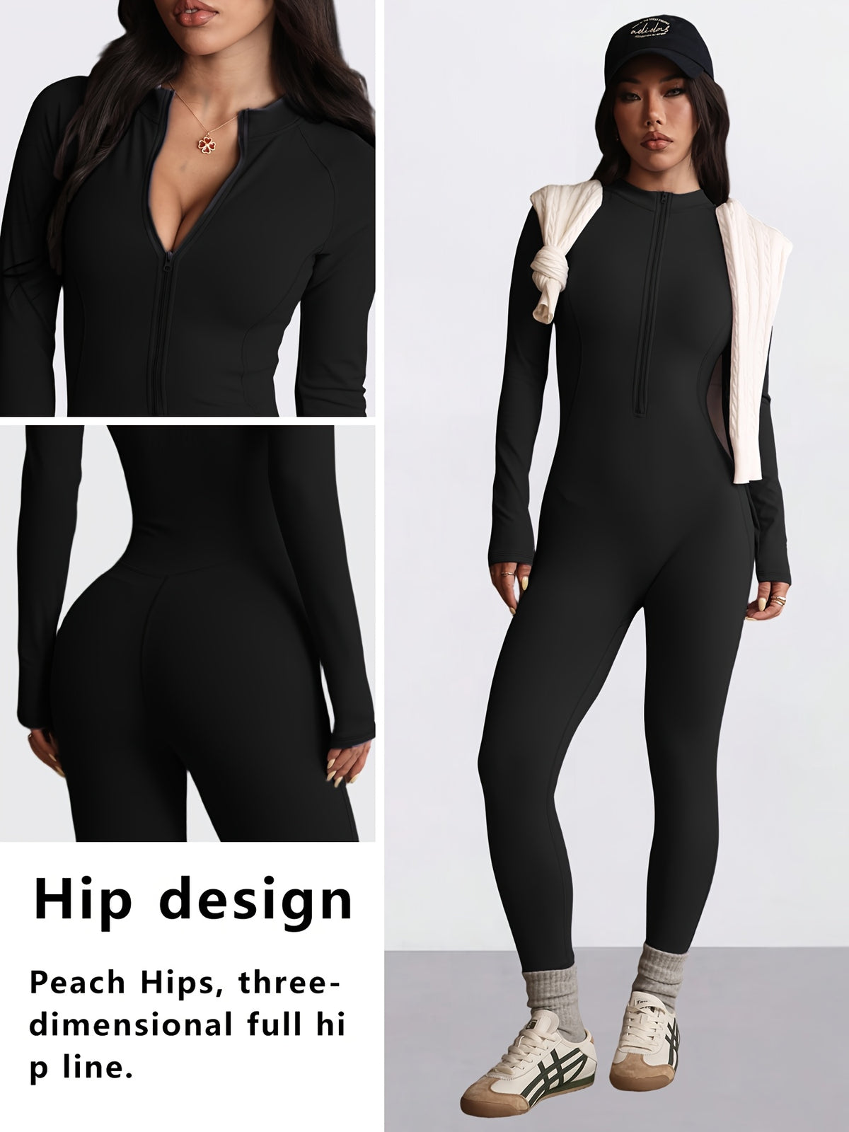 Zip Up Long Sleeve Jumpsuit - Black