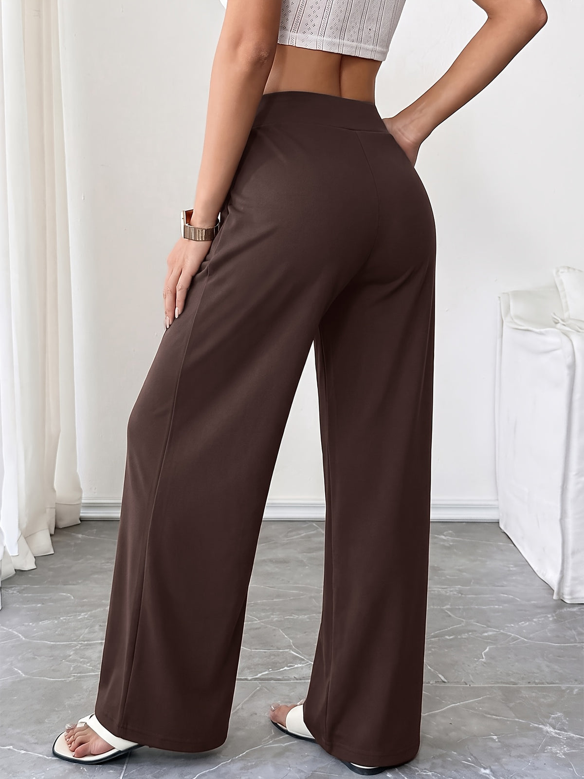 Drawstring Flowy Wide Leg Pants - Coffee