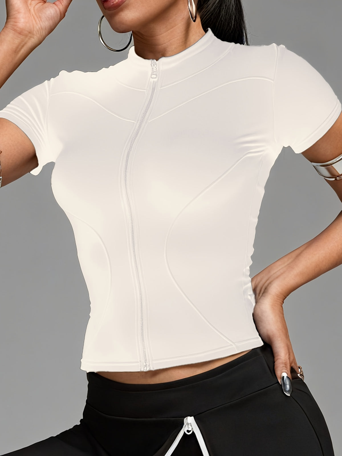 Short Sleeve Cropped Zip Jacket - Ivory