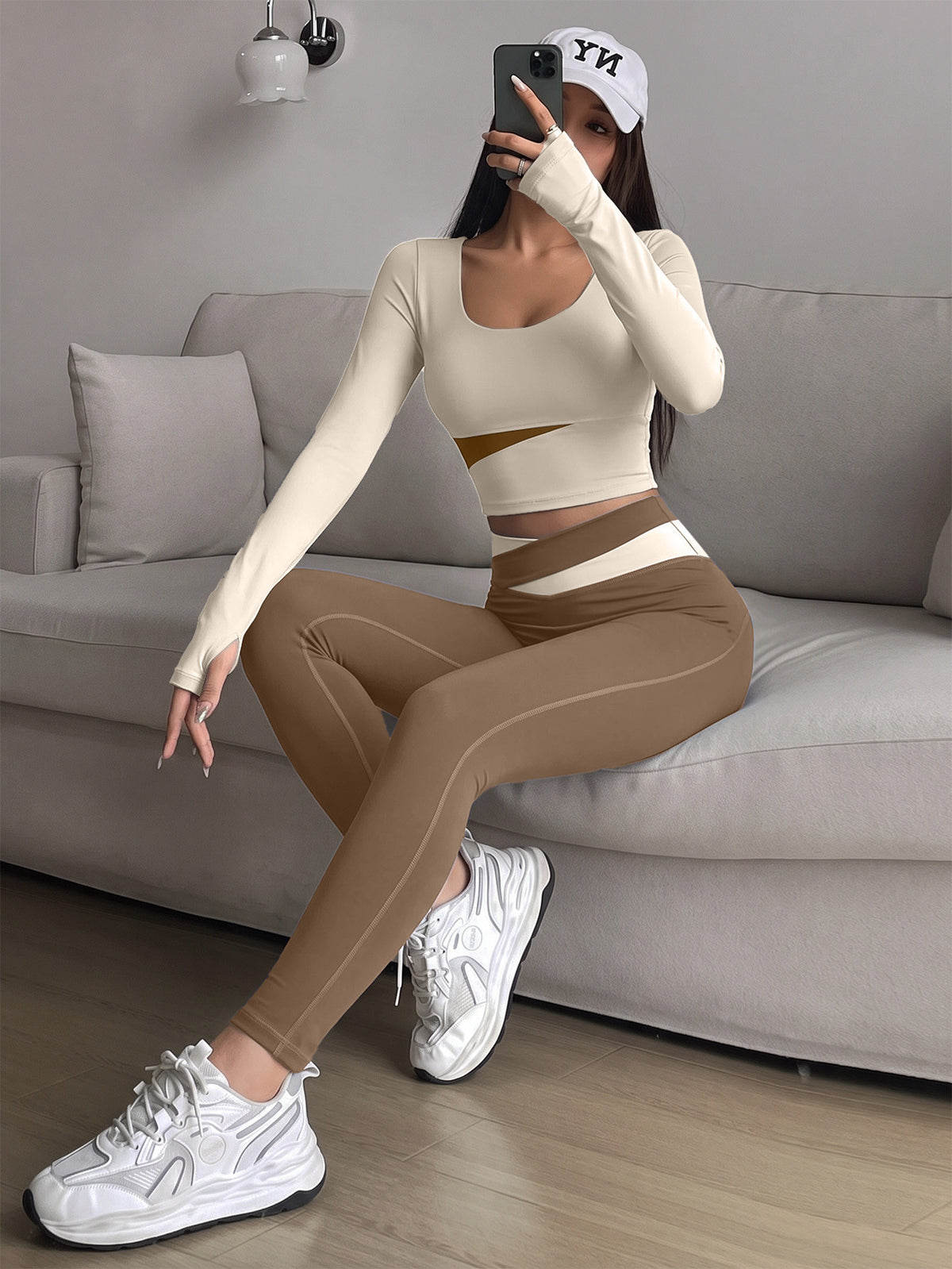 Spliced Finger Tab Crop Top & Pants Set - Ivory White & Cocoa