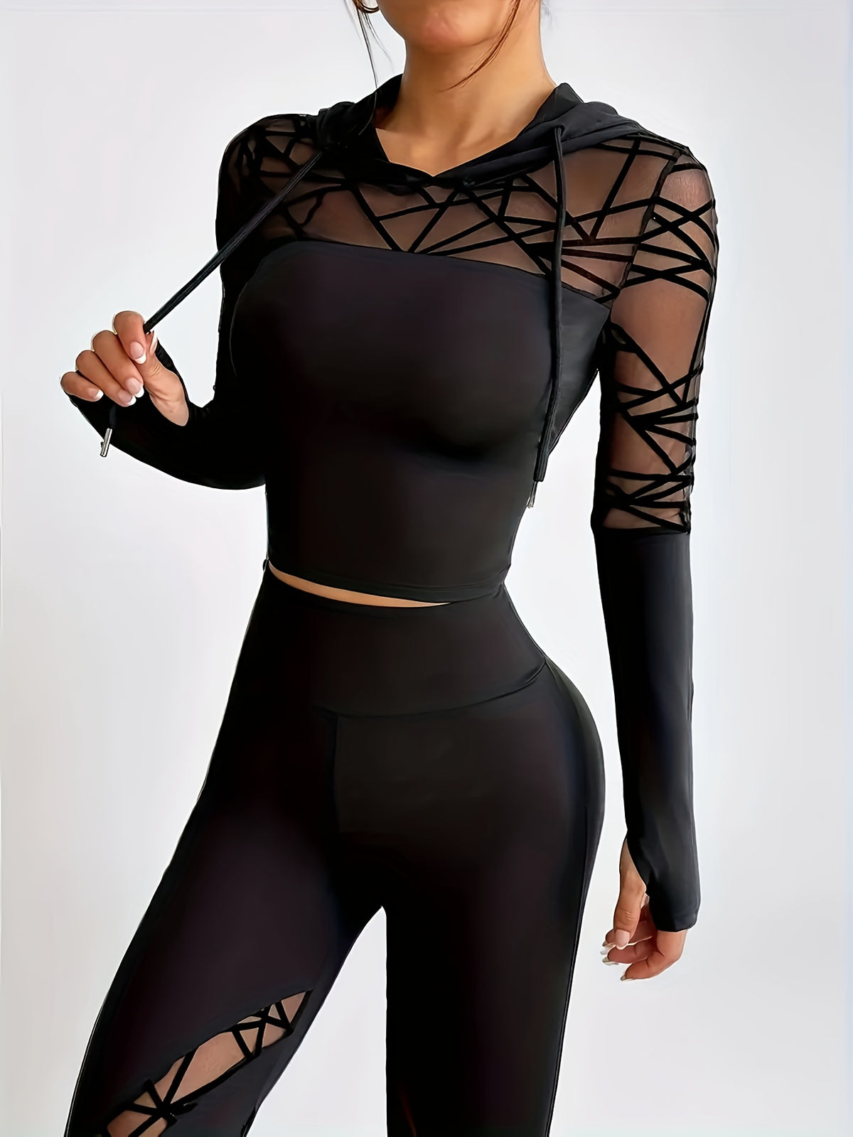 Mesh Panel Cropped Hoodie - Black