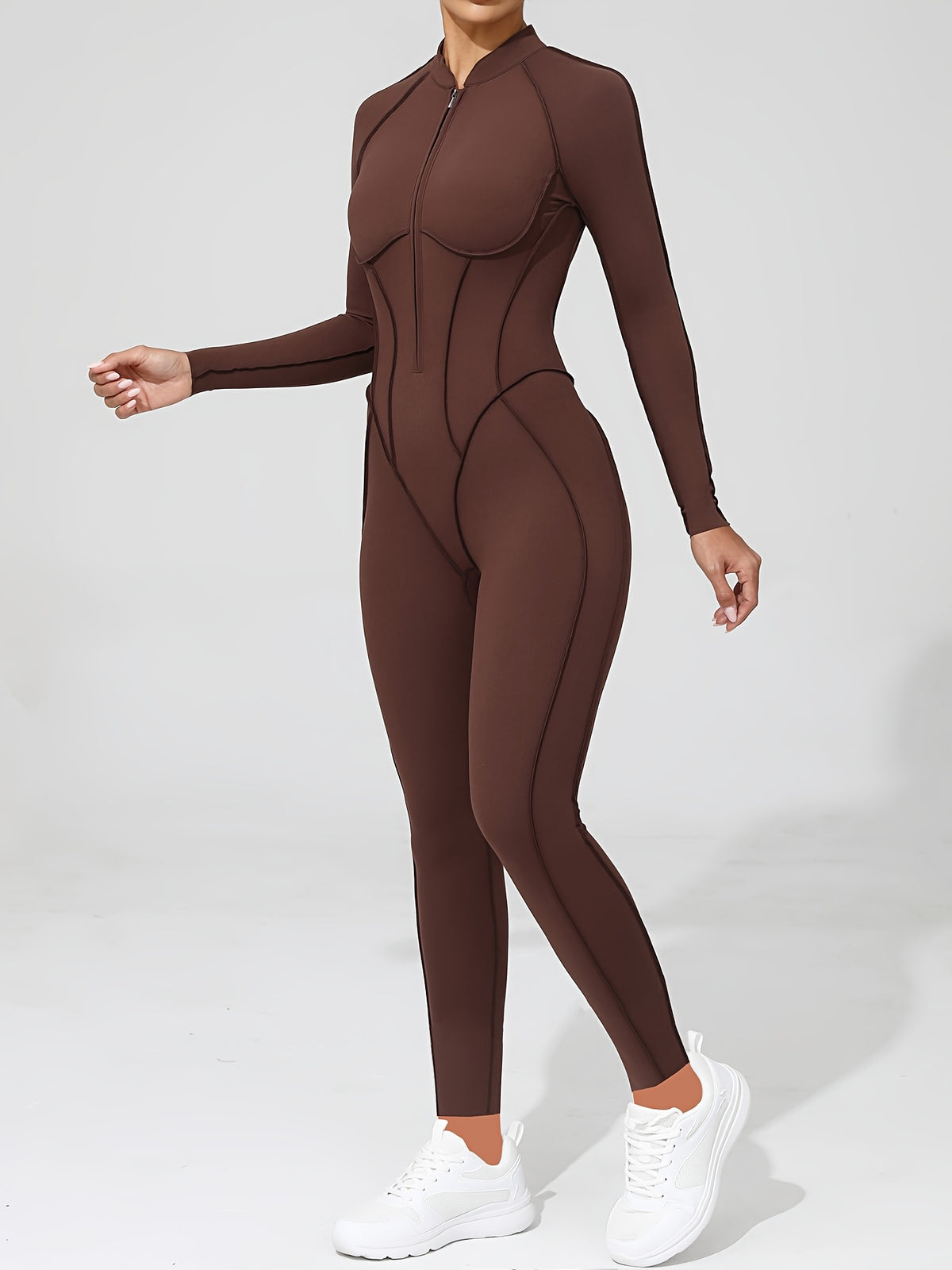 Half Zip Open Back Long Sleeve Jumpsuit - Coffee