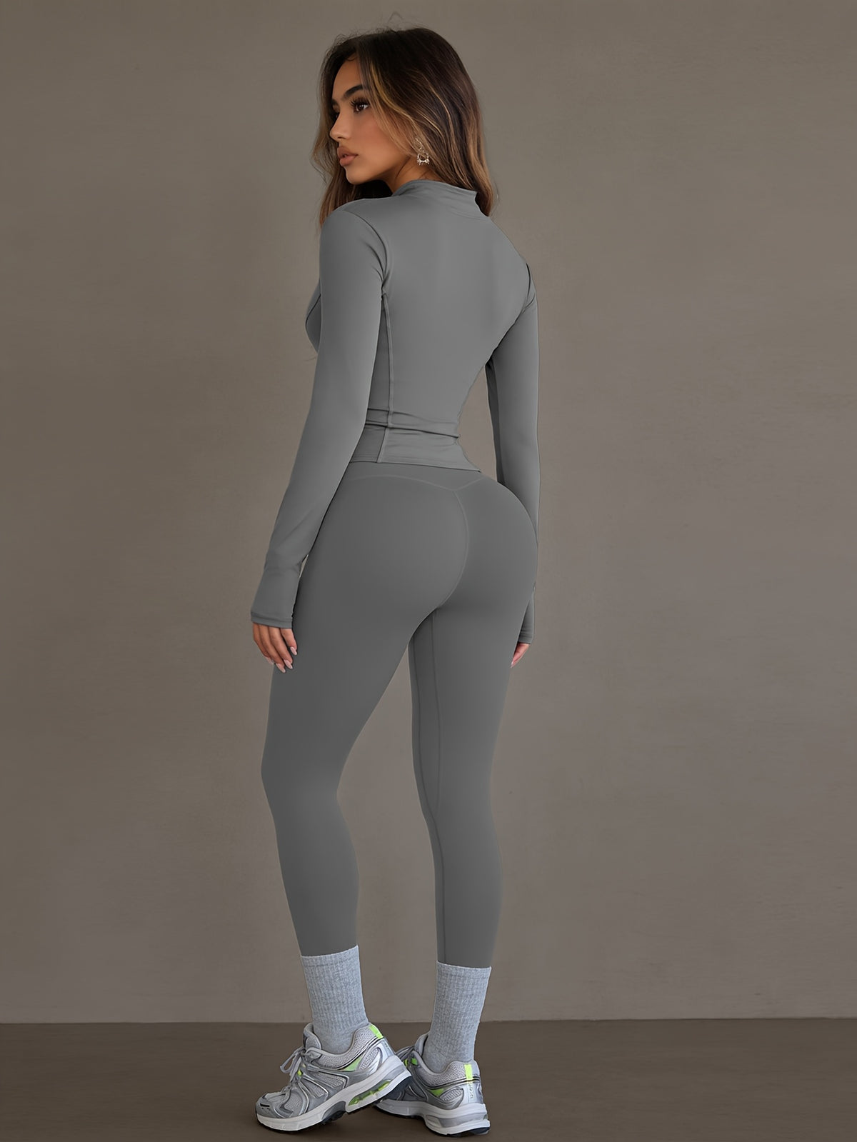 Zip Up Jacket & Slim Yoga Pants Set - Gray