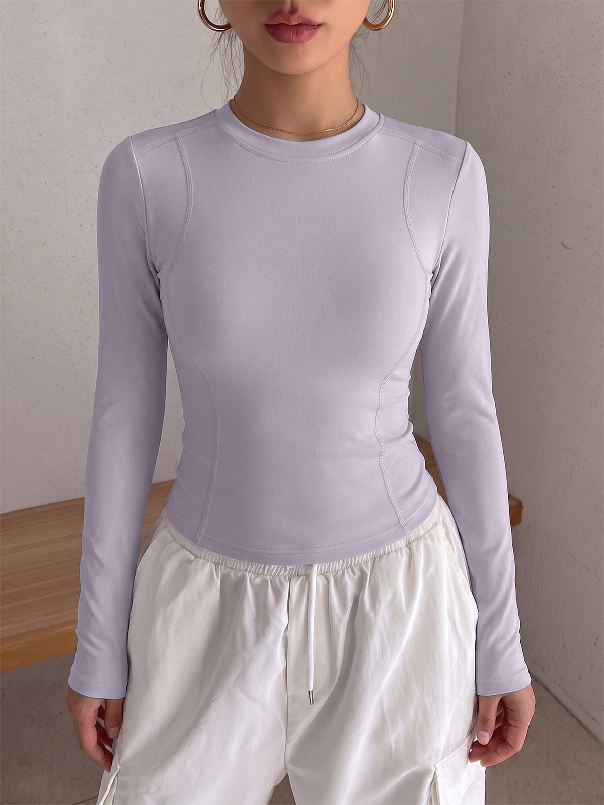 Round Neck Shaping Long Sleeve Top - Light Purple