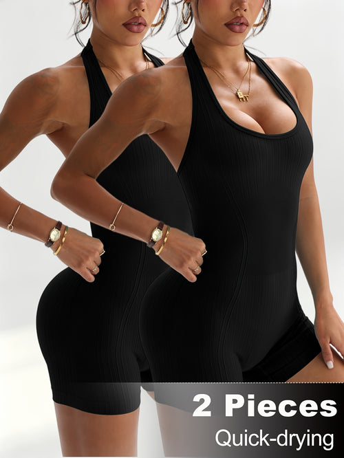 2 Pack Halter Cutout Back Romper - Black+Black