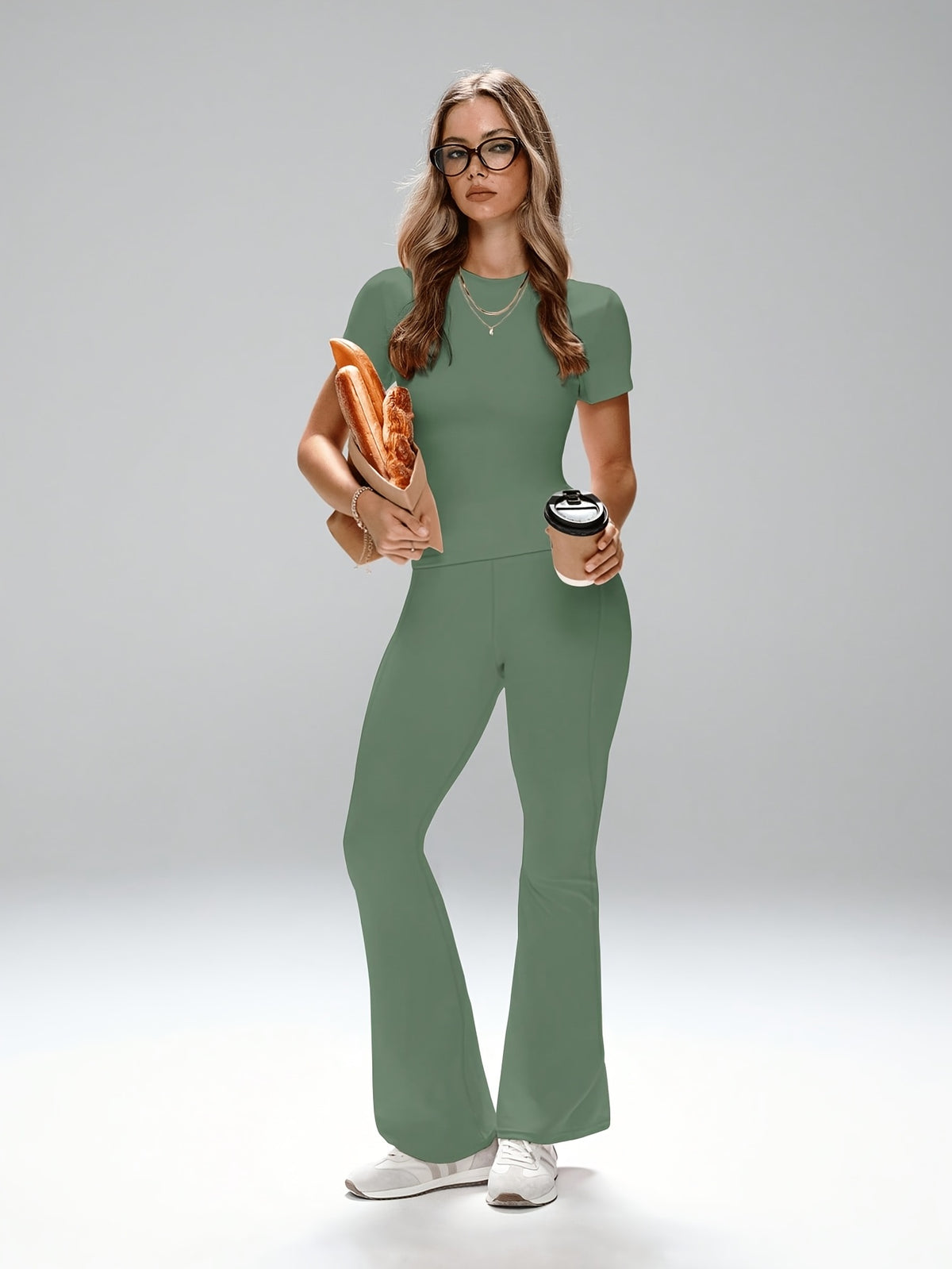 Short Sleeve Top & Flare Pants Set - Dark Green