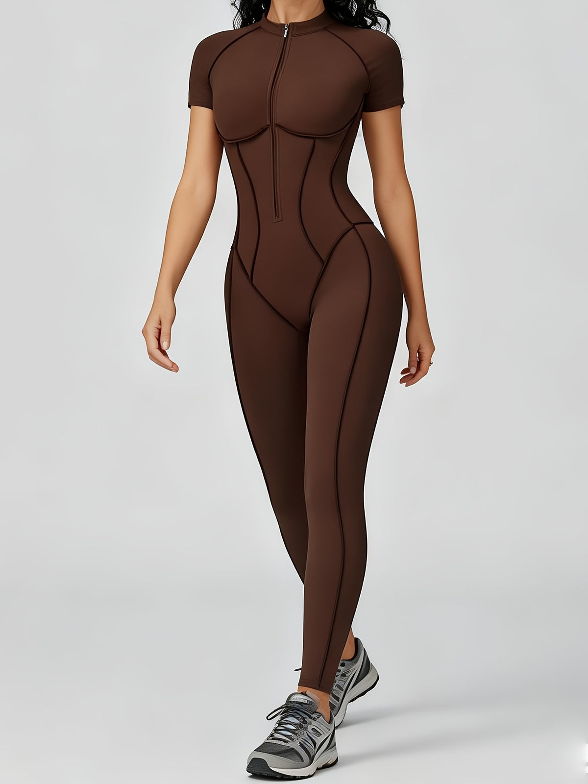 Short Sleeve Half Zip Jumpsuit - Coffee