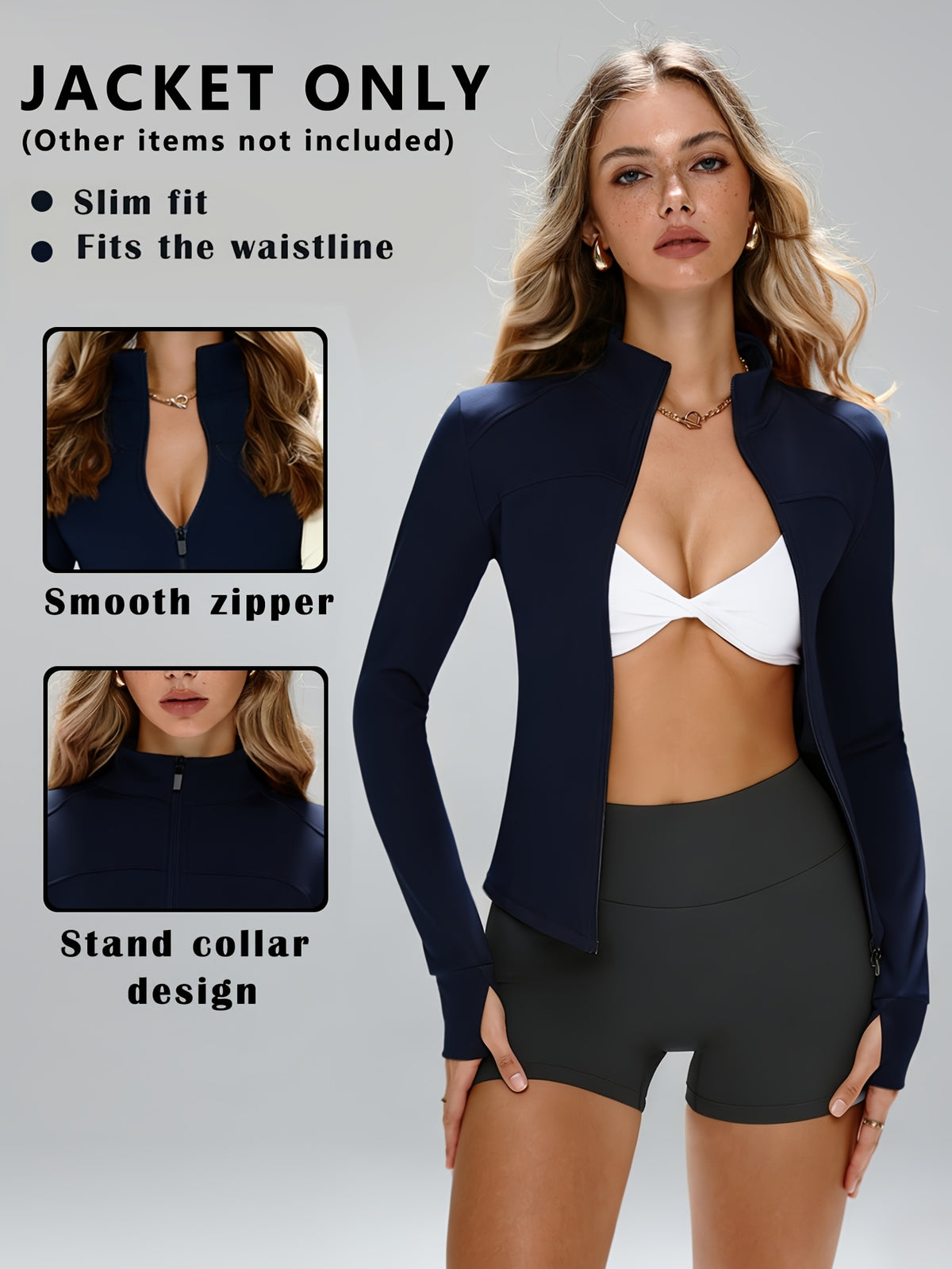 Thumbhole Zip Up Jacket - Navy