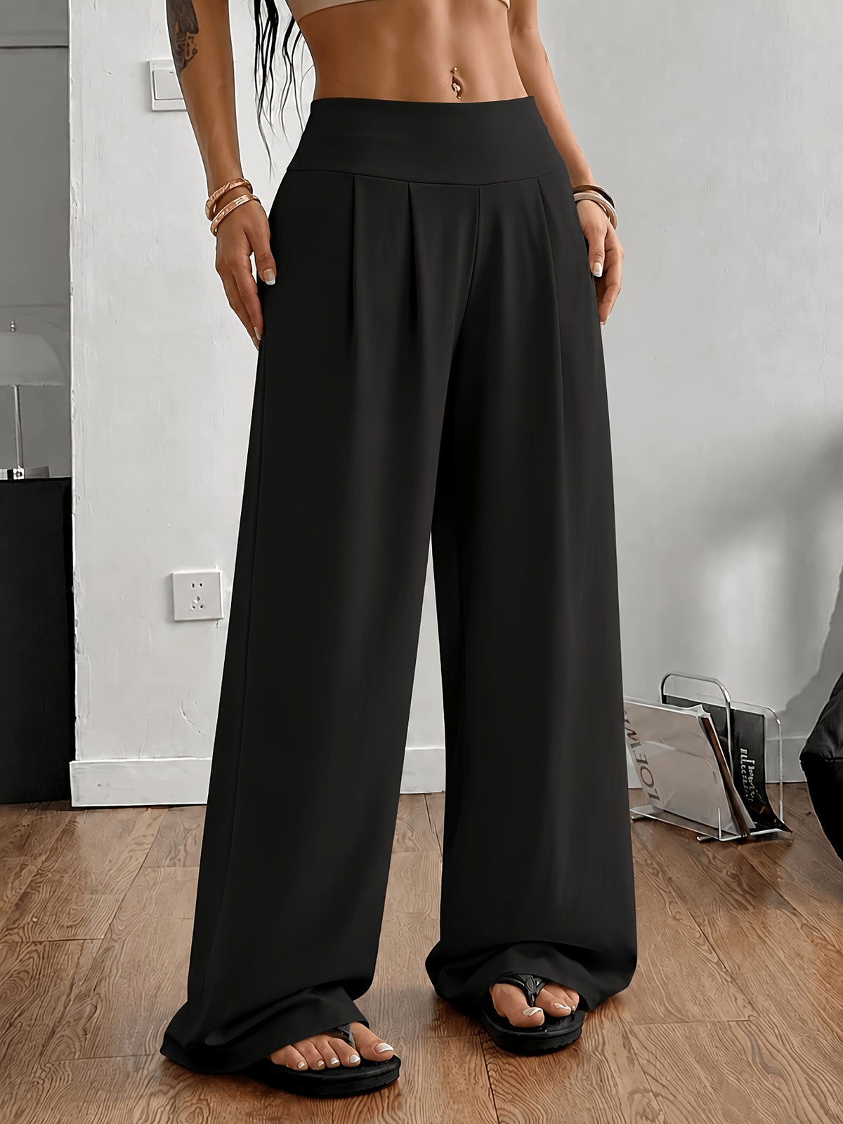 Front Pleated Wide Leg Palazzo Pants - Black
