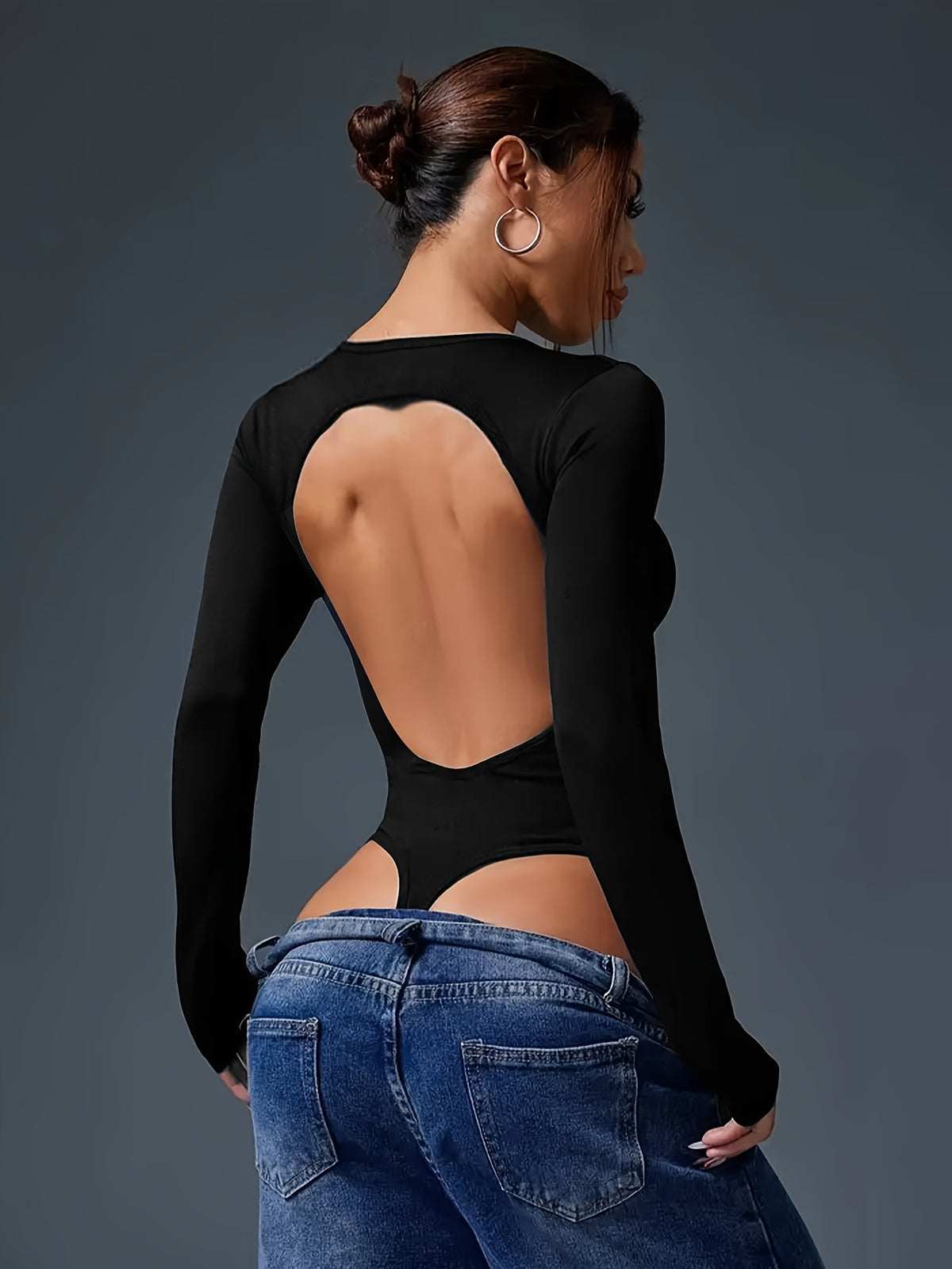 Hollow Back Triangle Leg Bodysuit - Black