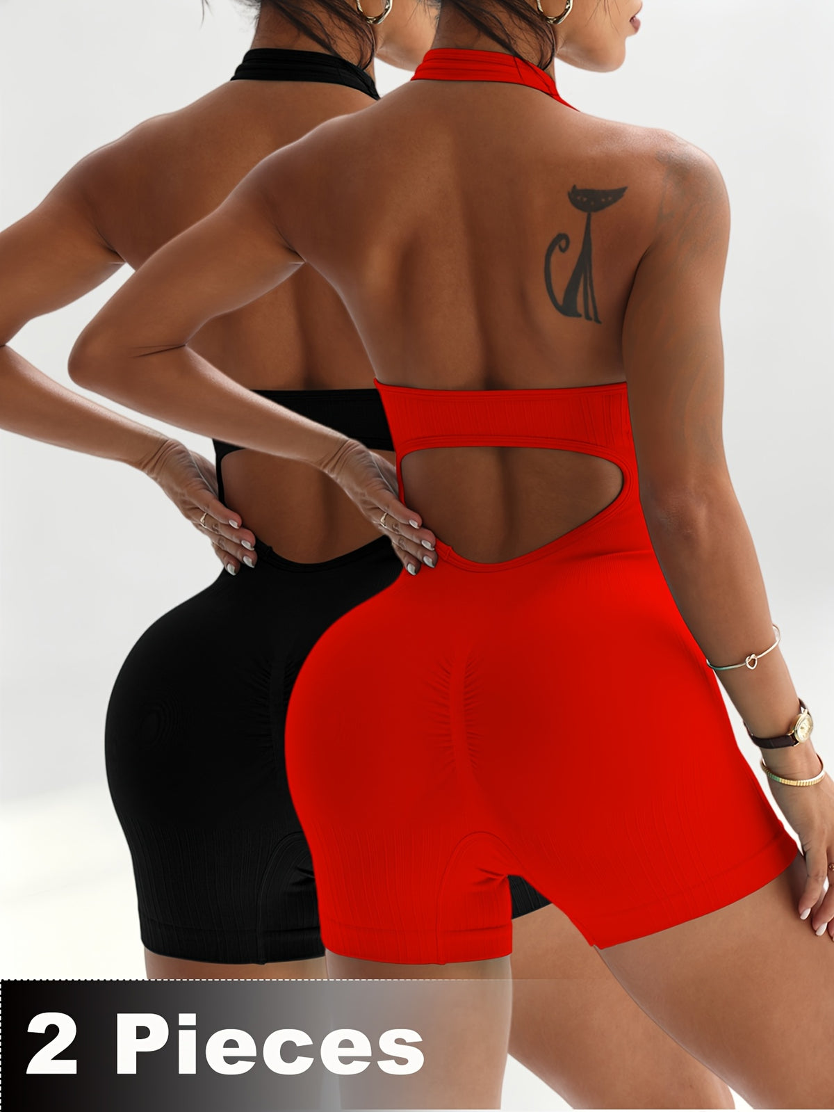 2 Pack Halter Cutout Back Romper - Black+Red