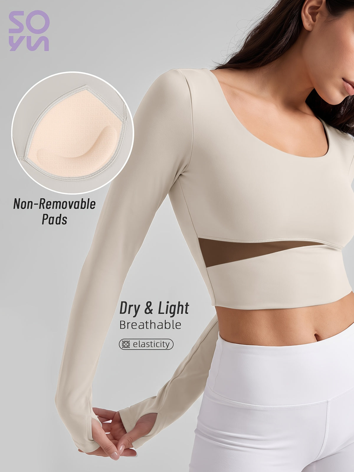Color Block Padded Long Sleeve Top - Ivory White