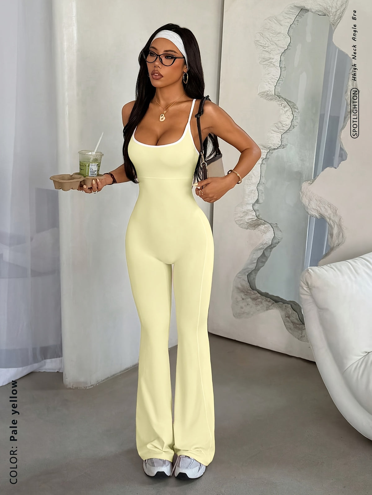 Cross Back Flare Jumpsuit - Light Yellow