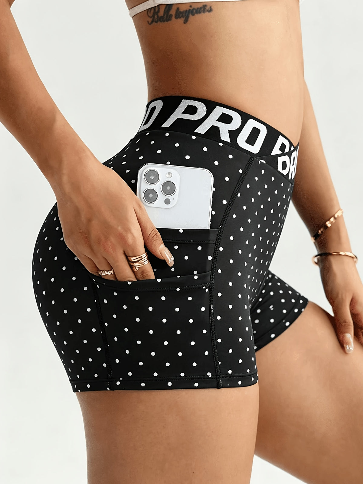 Cross Letter Waistband Printed Shorts - White Dots On Black Background