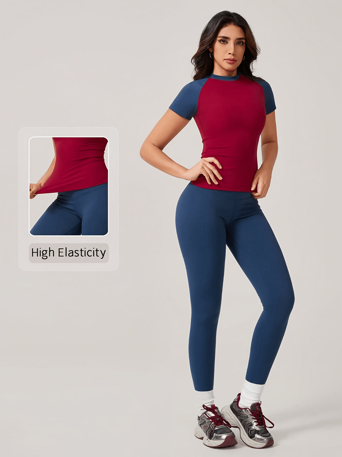 Colour Block Tee & Leggings Set - Red & Navy