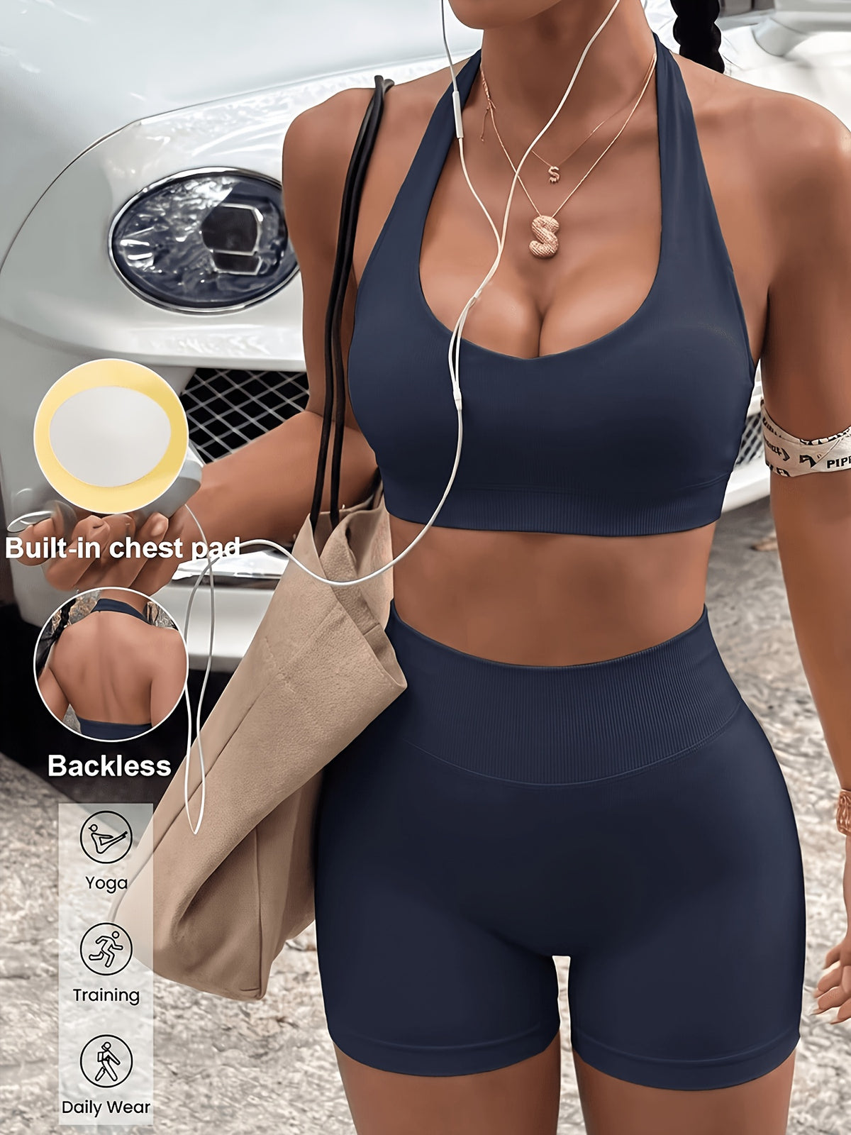 Halter U Neck Bra & Shorts Set - Navy