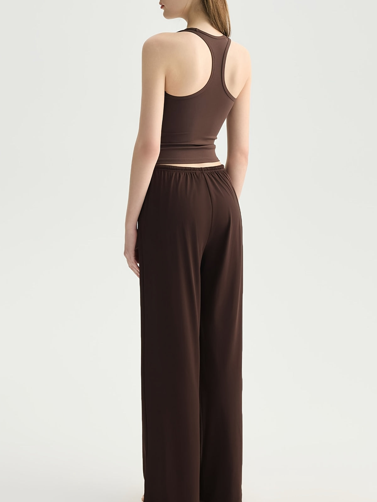 Padded Vest & Wide Leg Pants Set - Coffee